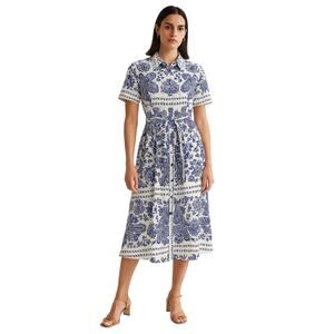 H&M Linen Blend Midi Dress Button Front Size Large Paisley Print Shirt Dress